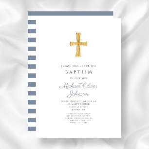 Invitation Moderne Dusty Blue Stripes Cross Boy Baptême
