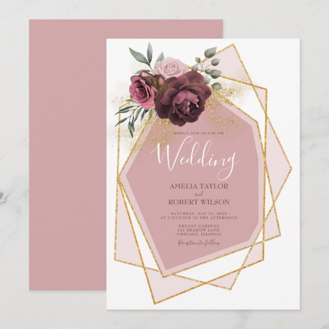 Invitation Moderne Dusty Rose Floral Or géométrique (Devant / Derrière)