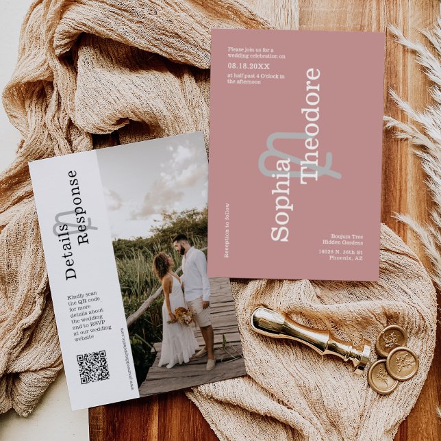 Invitation Moderne Dusty rose minimaliste Mariage QR Code pho (Créateur téléchargé)