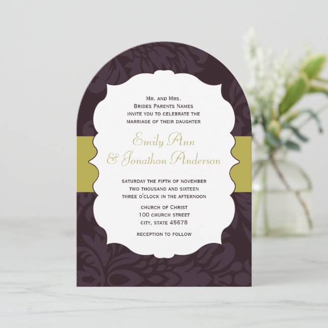 Invitation moderne Eggplant et Lime Mariage damass (Debout devant)