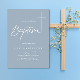 Invitation Moderne Élégant Baptême de Petit Garçon Bleu Pouss