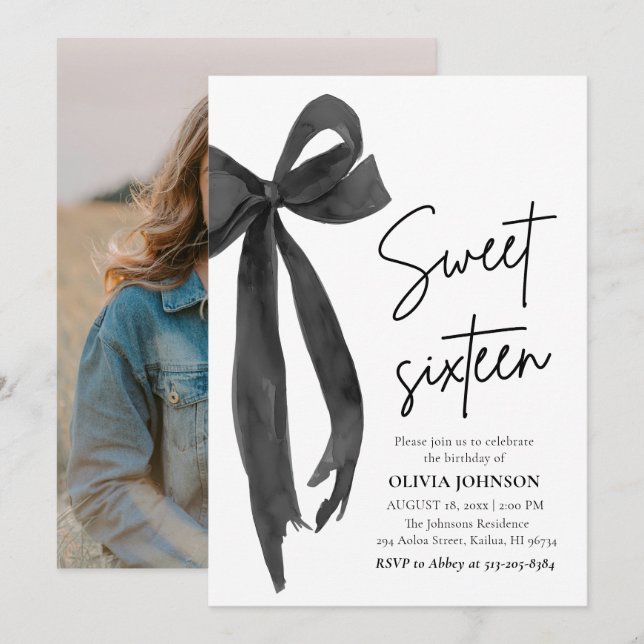 Invitation Moderne Elegant Black Bow Sweet 16 Anniversaire (Devant / Derrière)