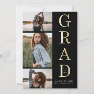 Invitation Moderne Elegant Black Gold 3 Photo Graduation
