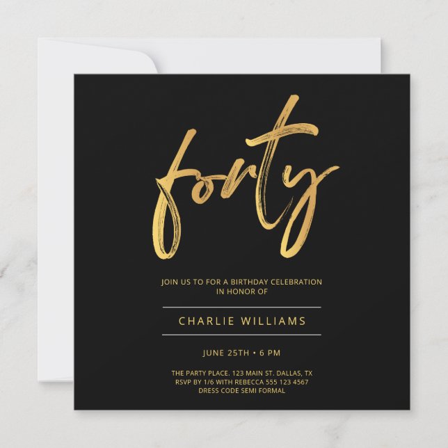 Invitation Moderne Elegant Black Gold 40e anniversaire Invita (Devant)