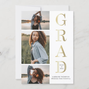 Invitation Moderne Elegant Black White Gold 3 Photo Graduatio