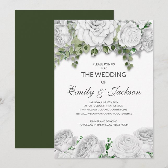 Invitation Moderne Elégant Blanc Floral Vert Mariage (Devant / Derrière)
