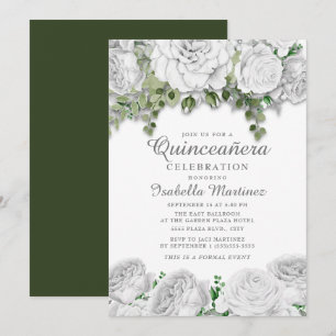 Invitation Moderne Elégant blanc floral vert Quinceañera