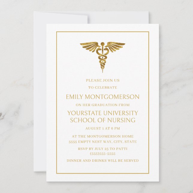 Invitation Moderne Elegant Blanc Gold Nursing School Graduate (Devant)