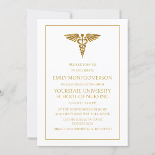 Invitation Moderne Elegant Blanc Gold Nursing School Graduate