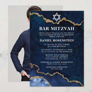 Invitation Moderne Elegant Bleu Marbre Or Bar Mitzvah Photo