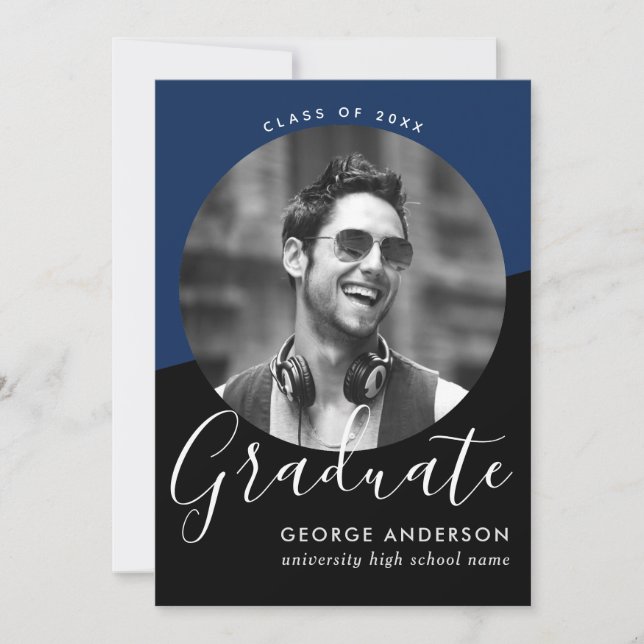 Invitation Moderne Elegant Blue Black Photo Party Graduation (Devant)