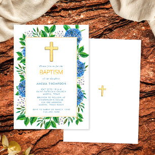 Invitation Moderne Elégant Blue Hydrangeas Gold Cross Baptême
