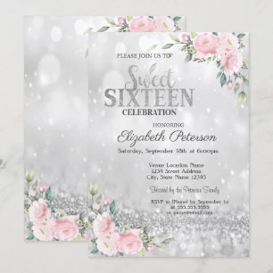 Invitation Moderne Élégant Bokeh Floral Argenté Sweet 16