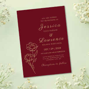 Invitation Moderne Elégant bordeaux et or Floral Mariage