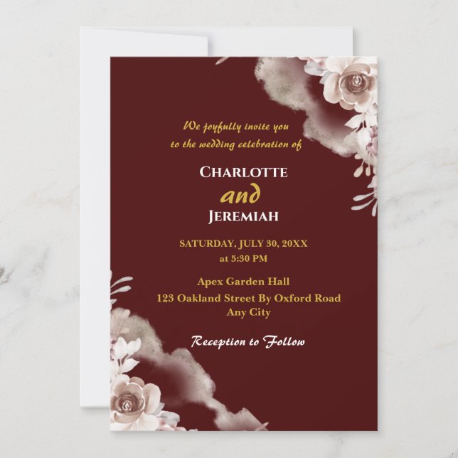 Invitation Moderne Elégant Bourgogne & Mariage Floral Or (Devant)