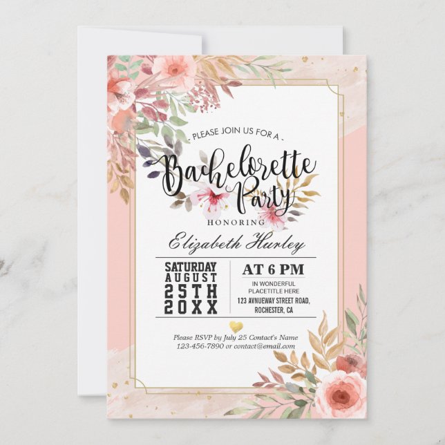 Invitation Moderne Élégant Chic Bachelorette Party Fleur rose (Devant)