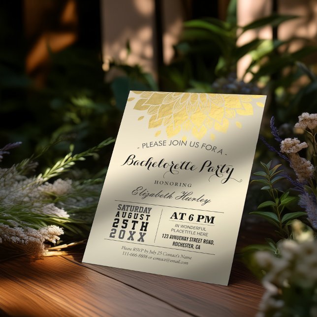 Invitation Moderne Elegant Chic Gold Floral Bachelorette Part (Créateur téléchargé)