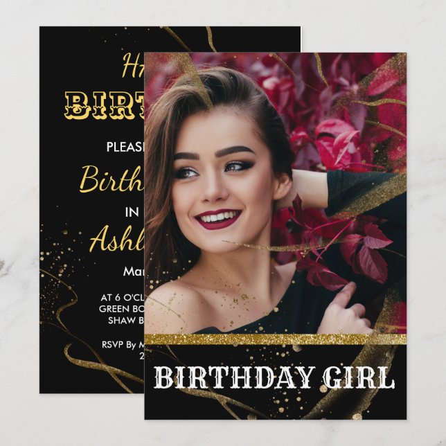 Invitation Moderne élégant chic noir et or doux 16 (Devant / Derrière)