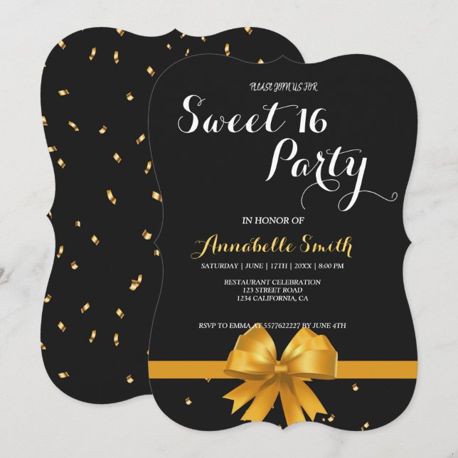 Invitation Moderne élégant chic noir et or doux 16 (Devant / Derrière)