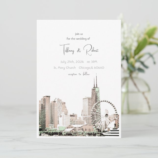Invitation Moderne Elegant Chicago Skyline (Debout devant)