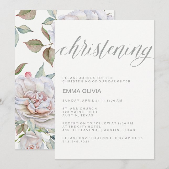 Invitation Moderne élégant Christening | Délicat retour flora (Devant / Derrière)