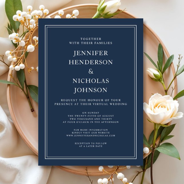 Invitation Moderne Elegant Classic Marine Bleu Mariage virtue (Modern Elegant Classic Navy Blue Virtual Wedding Invitation)