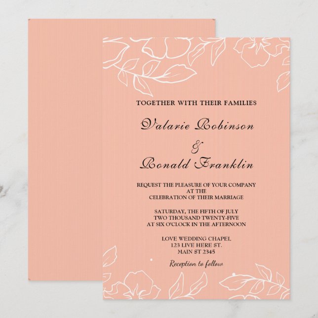 Invitation Moderne Elégant Coral Blanc Floral Mariage (Devant / Derrière)