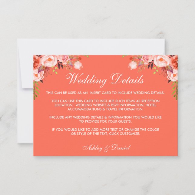 Invitation Moderne Elégant Coral Floral Détails Mariage (Devant)