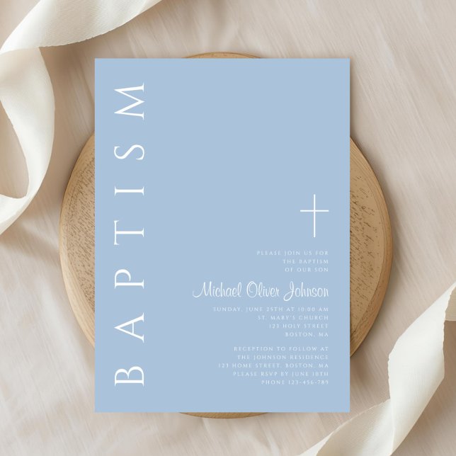 Invitation Moderne Elegant Croix Bleue Baptême garçon (Modern Elegant Blue Cross Boy Baptism Invitation)