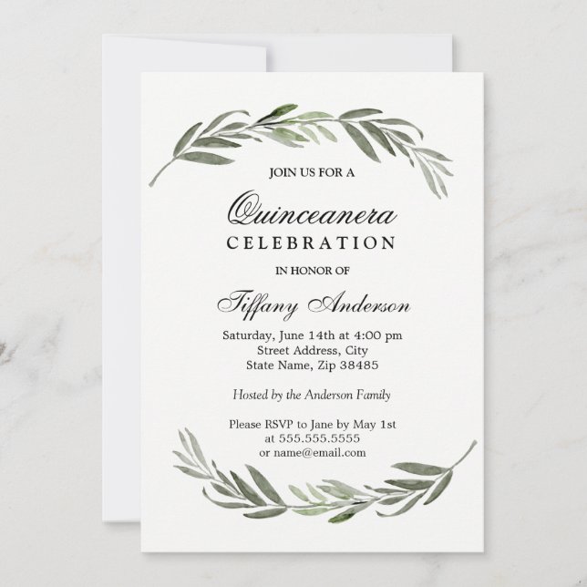 Invitation Moderne Elegant Feuille verte Quinceanera Invitati (Devant)