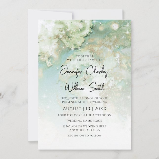 Invitation Moderne Elegant Ggreen Gold Marble Ombre (Devant)