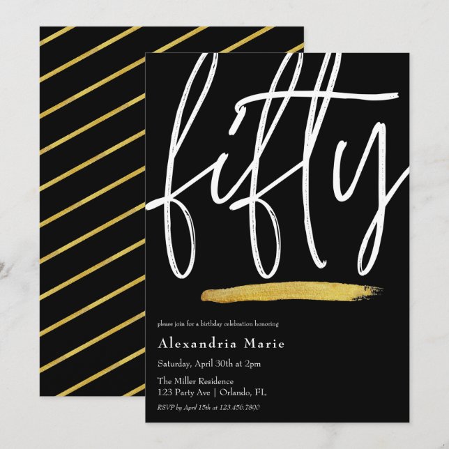 Invitation Moderne Elegant Gold Brushstroke 50e anniversaire (Devant / Derrière)