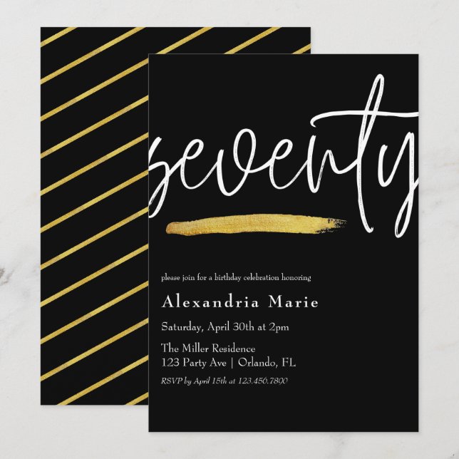 Invitation Moderne Elegant Gold Brushstroke 70e anniversaire (Devant / Derrière)