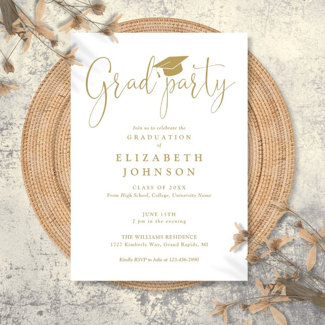 Invitation Moderne Elégant Gold Grad Party Script Grad Grad G (Modern Elegant Gold Grad Party Script Graduation Invitation)
