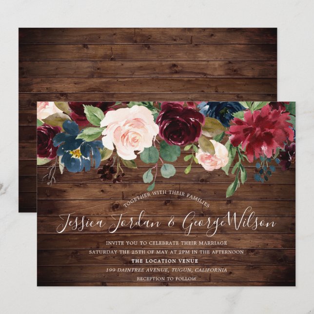 Invitation Moderne Elégant Jardin Bourgogne Rustique Mariage (Devant / Derrière)