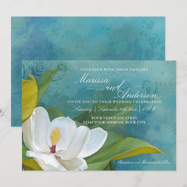 Invitation Moderne Elégant Magnolia Sud Typographie Florale (Devant / Derrière)