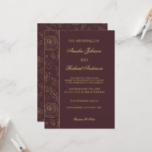 Invitation Moderne Élégant Mariage Floral Chocolat Or