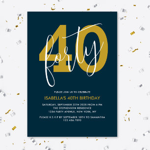 Invitation Moderne Elegant Marine Bleu Or 40e anniversaire