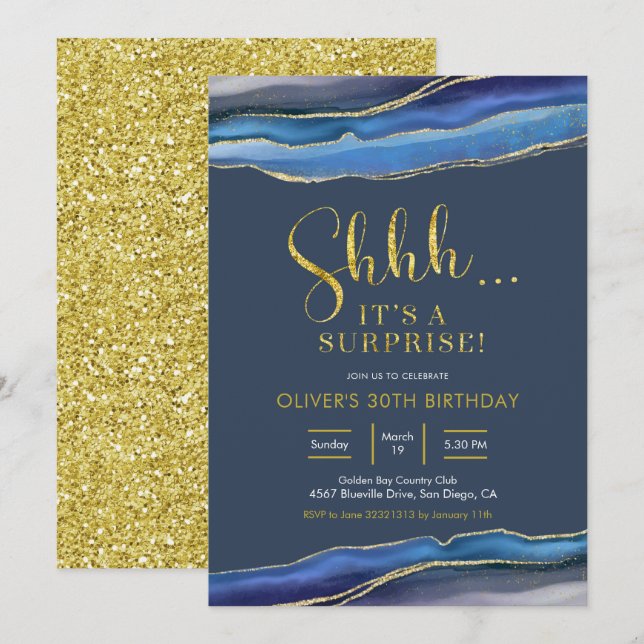 Invitation Moderne Elégant Marine Blue Agate Surprise Anniver (Devant / Derrière)