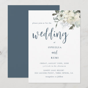 Invitation Moderne Elegant Marine Blue Ivory Floral Mariage