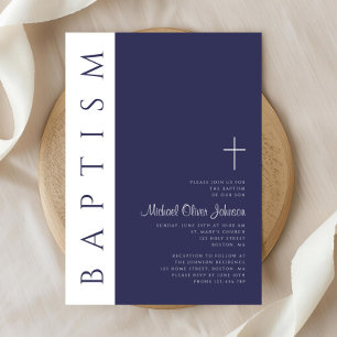 Invitation Moderne Elegant Marine Croix Bleue Baptême