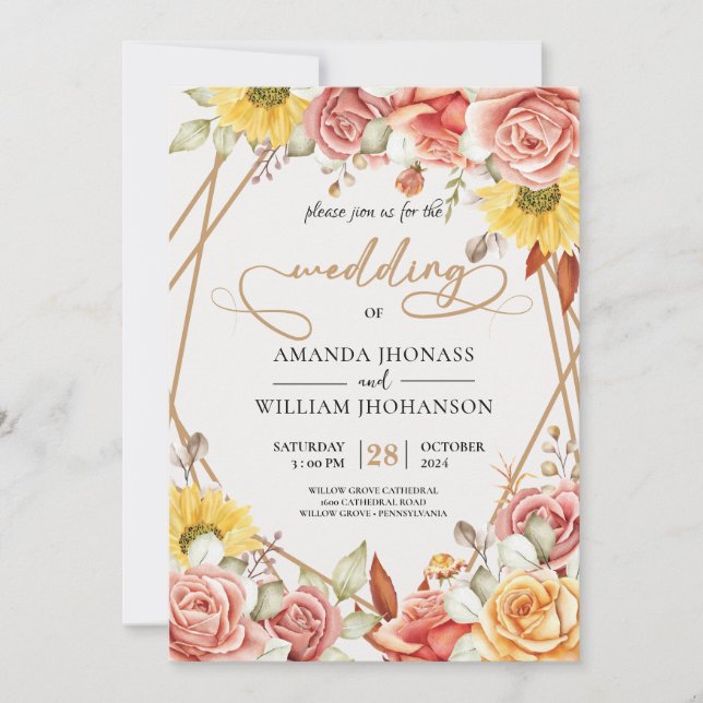 Invitation Moderne Elégant or aquarelle Floral mariage (Devant)