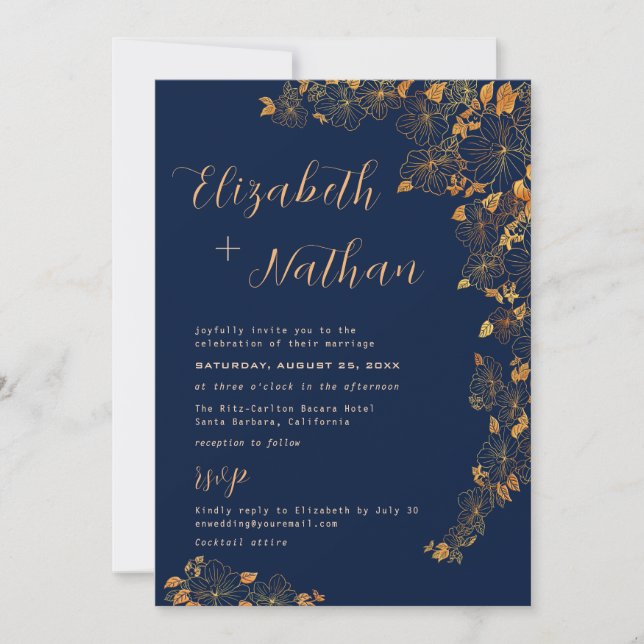 Invitation Moderne Elégant or Floral Navy bleu Citation (Devant)