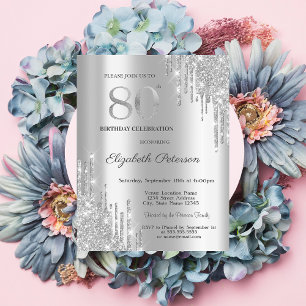 Invitation Moderne Élégant Paillettes Argent Gouttes  80e Ann