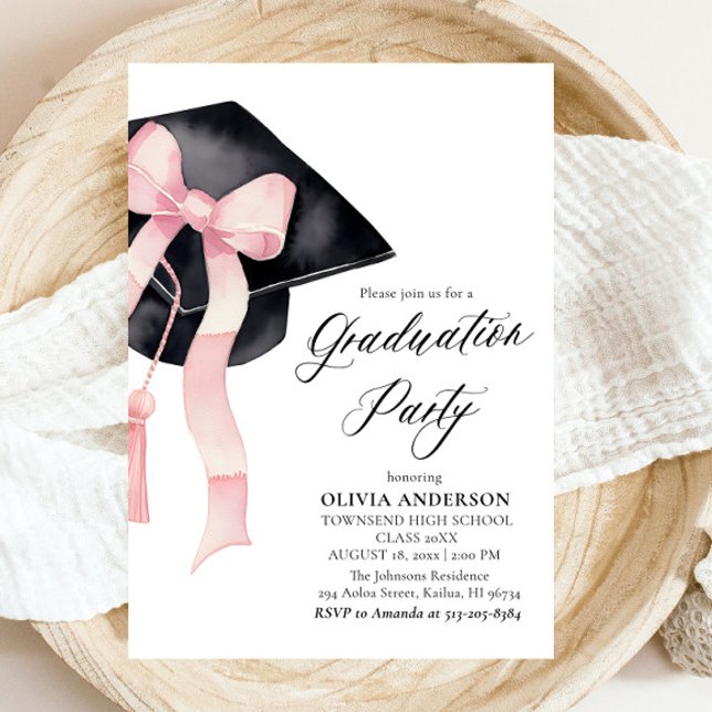 Invitation Moderne Elégant Pink Bow Graduation Cap Graduation (Watercolor Modern Elegant Trendy Stylish Pink Bow Graduation Invitation)