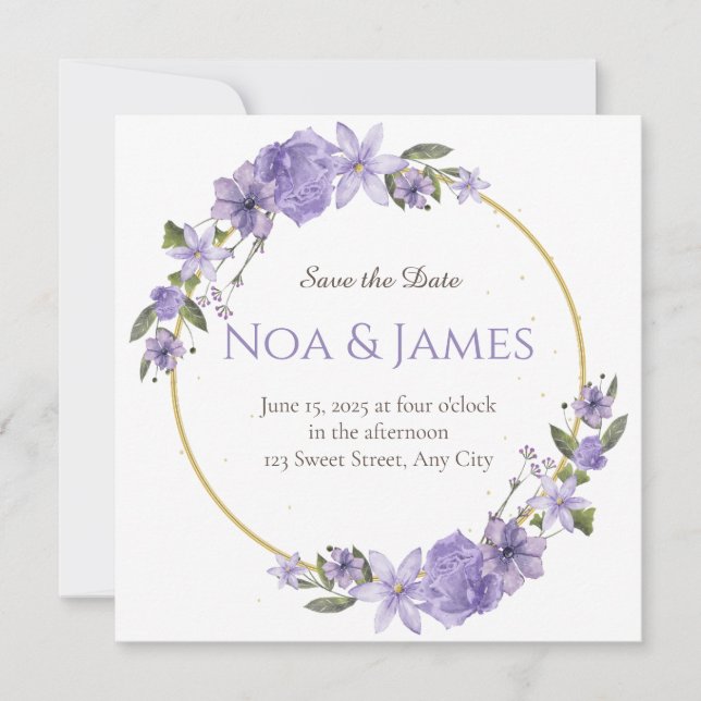 Invitation Moderne Elégant Purple Floral Enregistrer la date (Devant)
