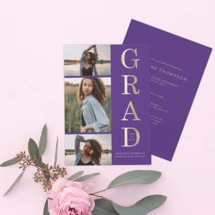 Invitation Moderne Elégant Purple Gold 3 Photo Graduation