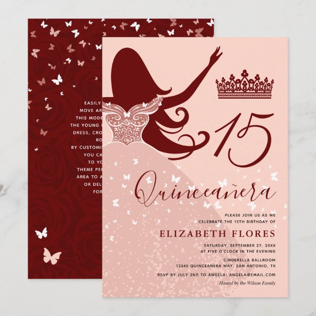 Invitation Moderne Elégant Rose or Floral rose Quinceanera (Devant / Derrière)