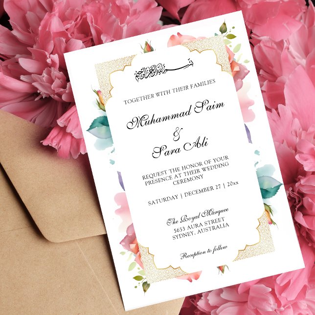 Invitation Moderne Elégant rose rose rose floral musulman (Créateur téléchargé)