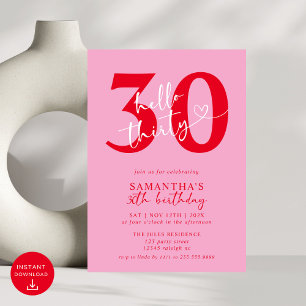 Invitation Moderne Elegant Rose Rouge Hello 30e fête d'annive